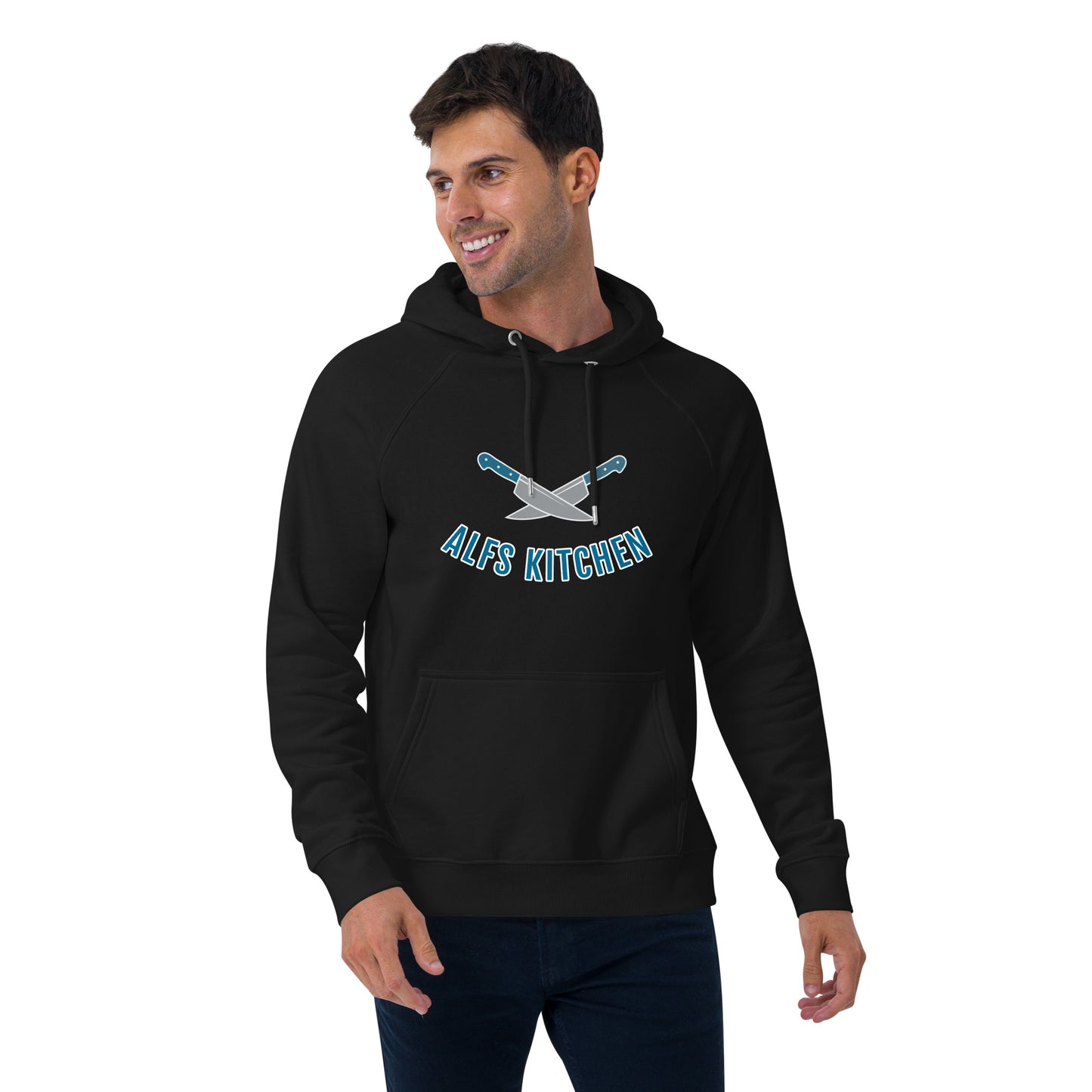 Alf's Kitchen - Knife logo - Unisex eco raglan hoodie